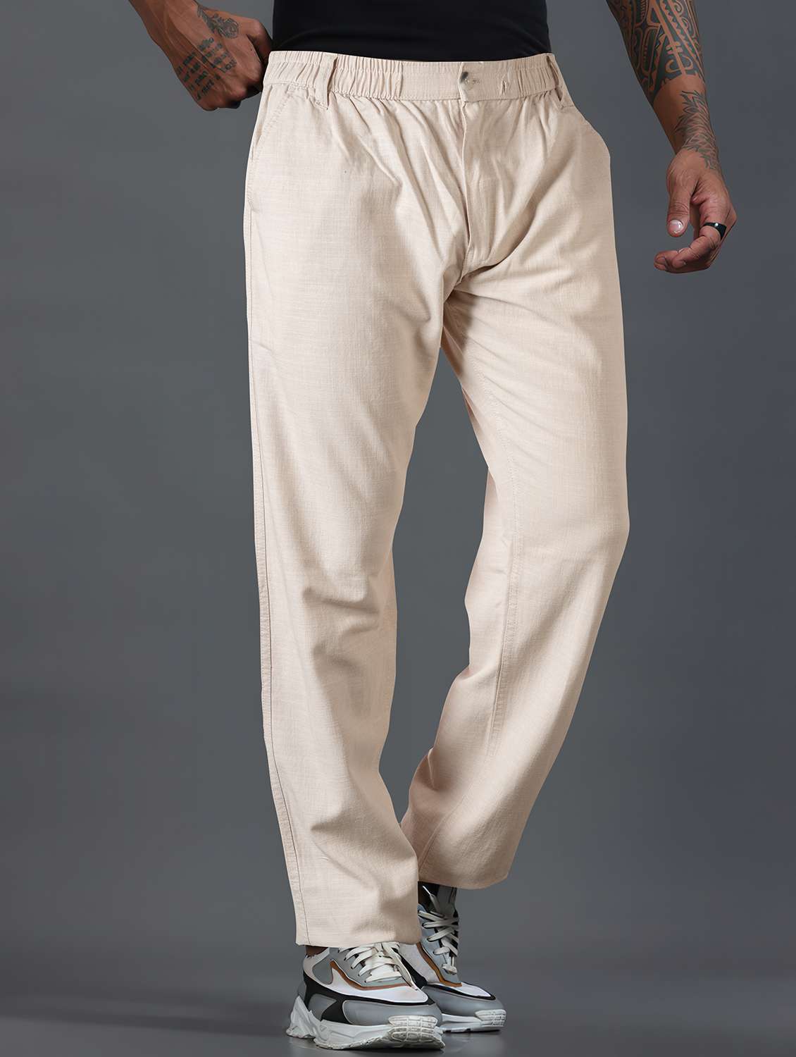 men solid mid rise flat front casual trouser - 22141587 -  Standard Image - 1