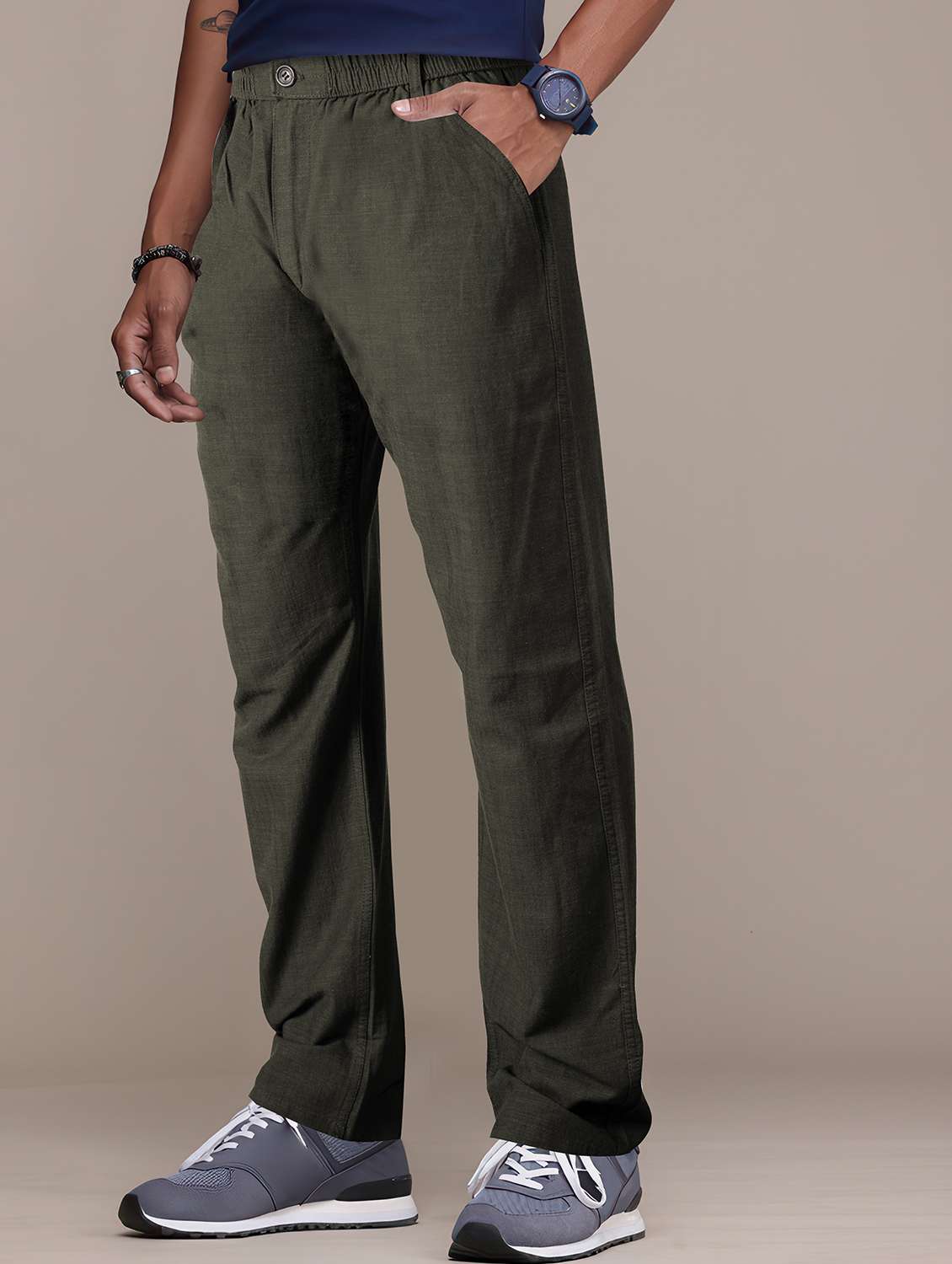 men solid mid rise flat front casual trouser - 22141588 -  Standard Image - 1