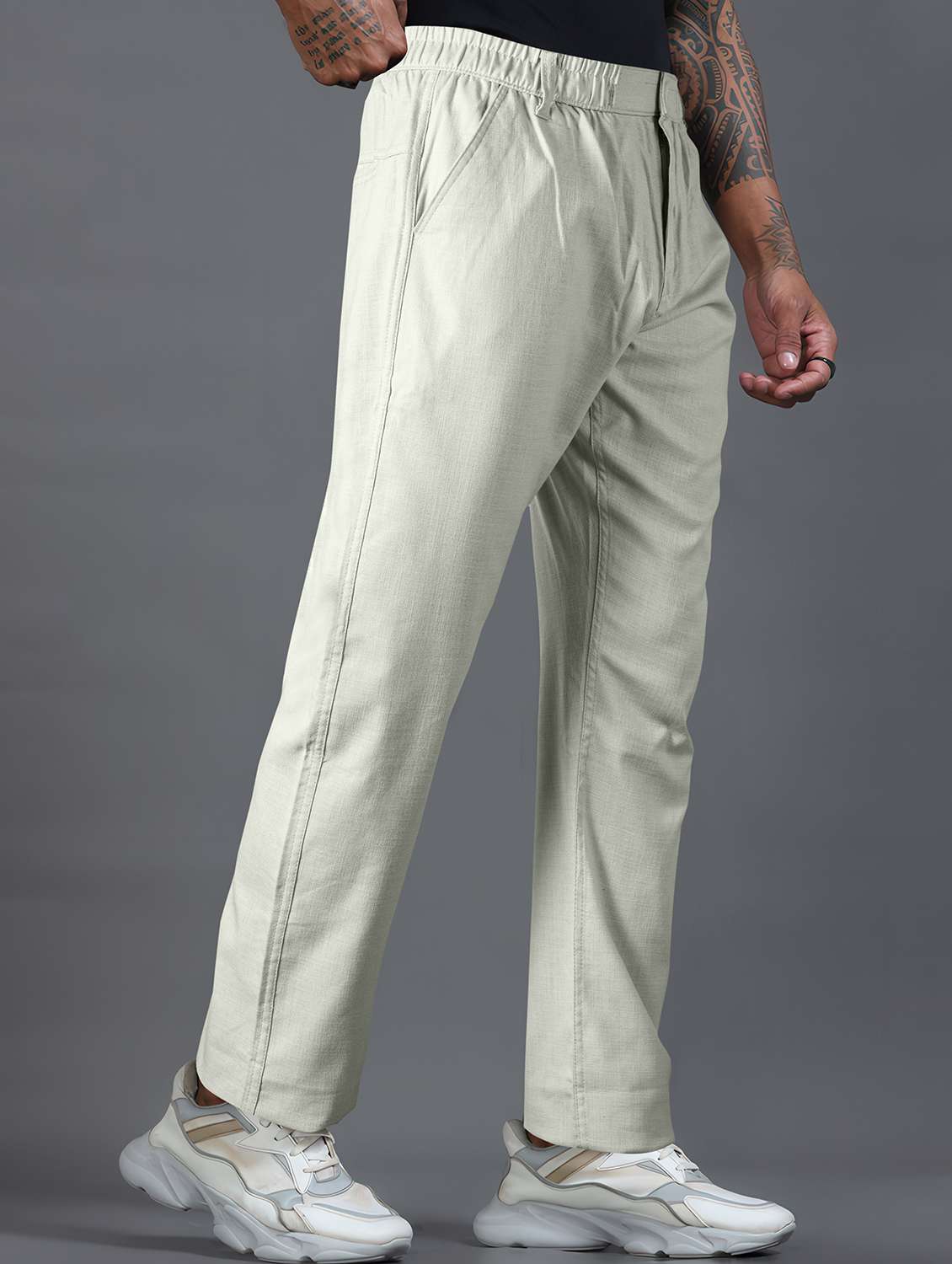 men solid mid rise flat front casual trouser - 22141592 -  Standard Image - 1