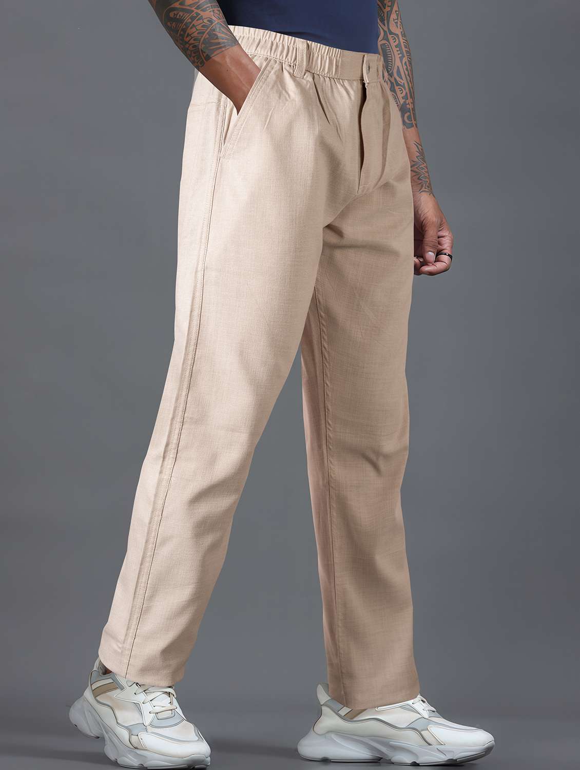 men solid mid rise flat front casual trouser - 22141593 - Standard Image - 1