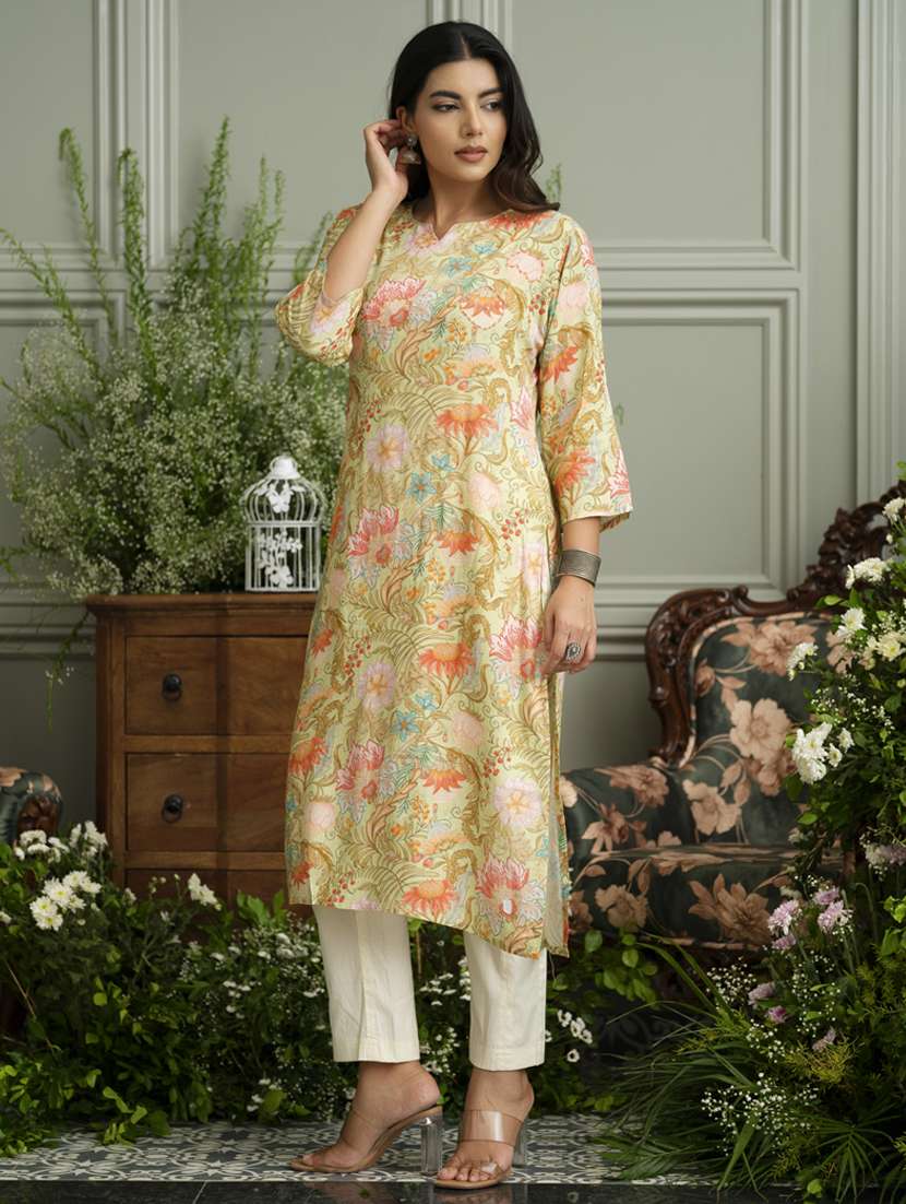 women floral three quarter sleeve straight kurta - 22141607 -  Standard Image - 1