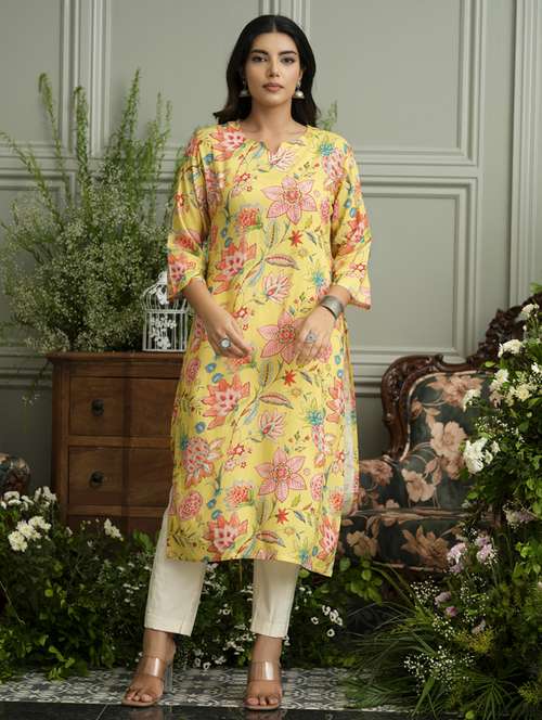 women floral three quarter sleeve straight kurta - 22141608 -  Standard Image - 0