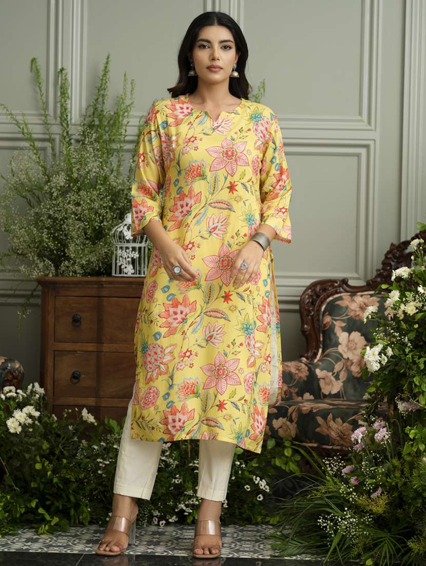 women floral three quarter sleeve straight kurta