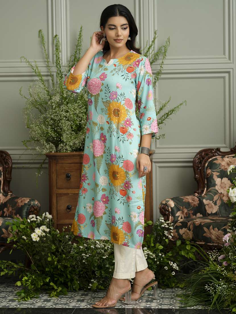women floral three quarter sleeve straight kurta - 22141609 -  Standard Image - 1