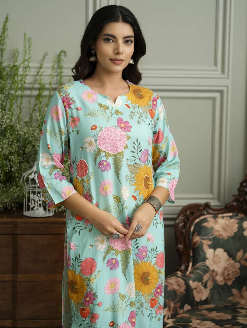 women floral three quarter sleeve straight kurta - 22141609 -  Standard Image - 4