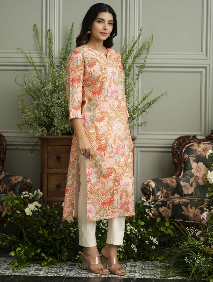 women floral three quarter sleeve straight kurta - 22141610 -  Standard Image - 1