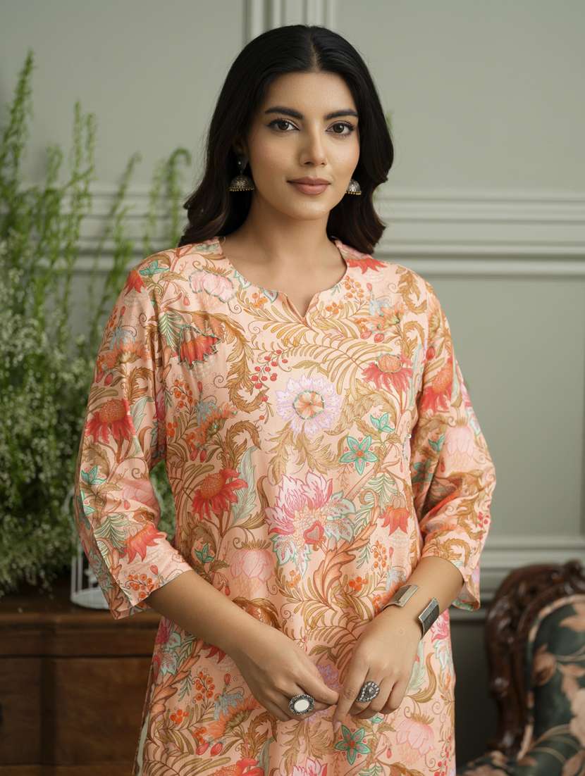 women floral three quarter sleeve straight kurta - 22141610 -  Standard Image - 4