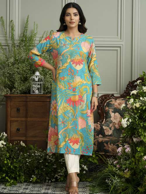 women floral three quarter sleeve straight kurta - 22141611 -  Standard Image - 0