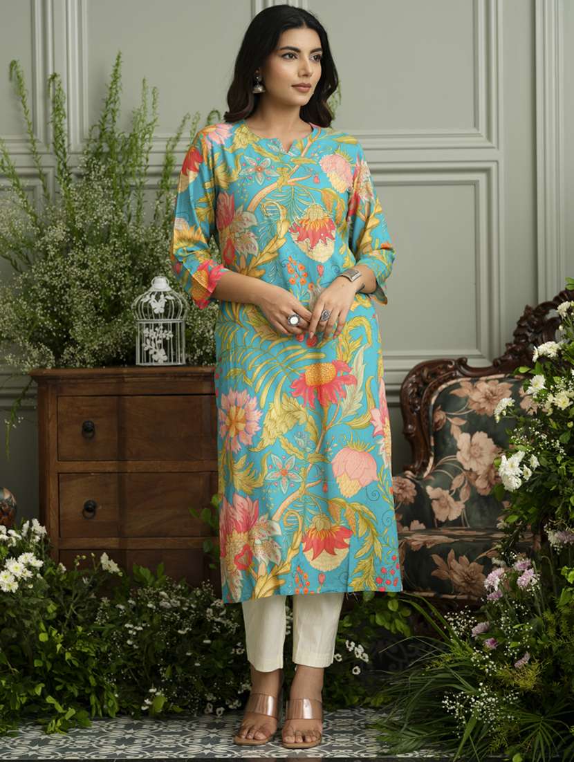women floral three quarter sleeve straight kurta - 22141611 -  Standard Image - 1
