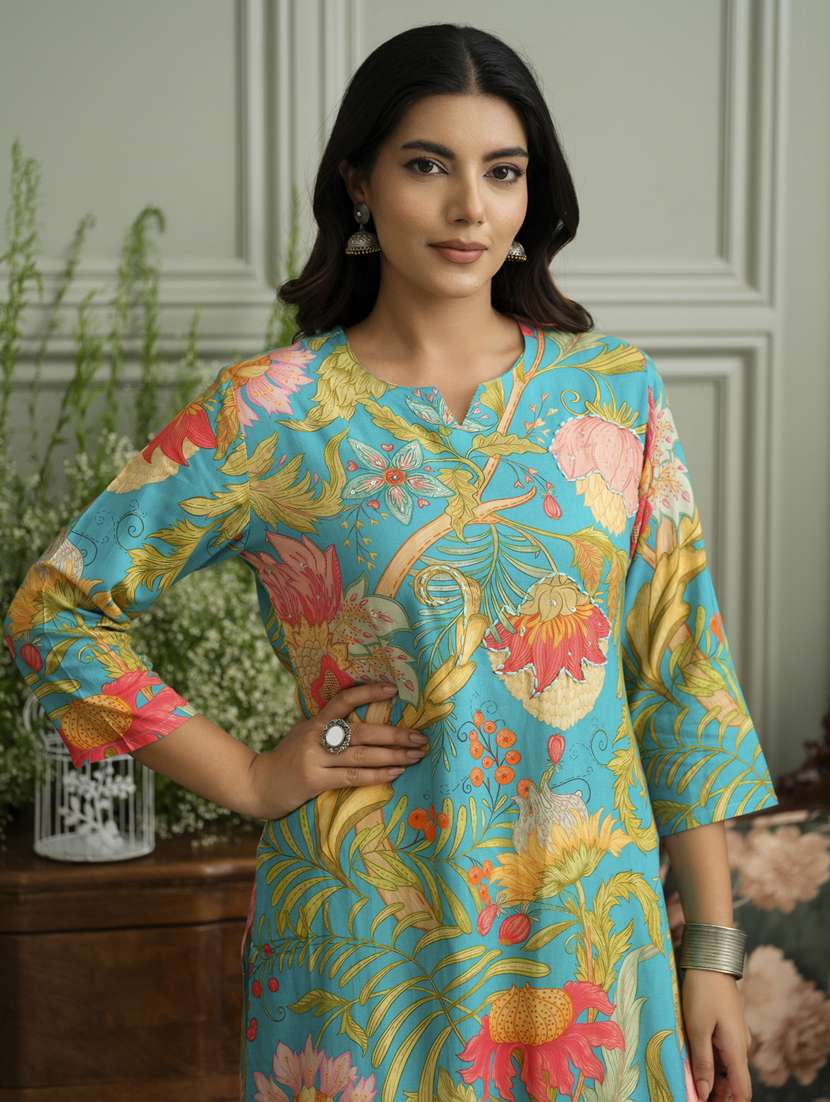 women floral three quarter sleeve straight kurta - 22141611 - Standard Image - 4