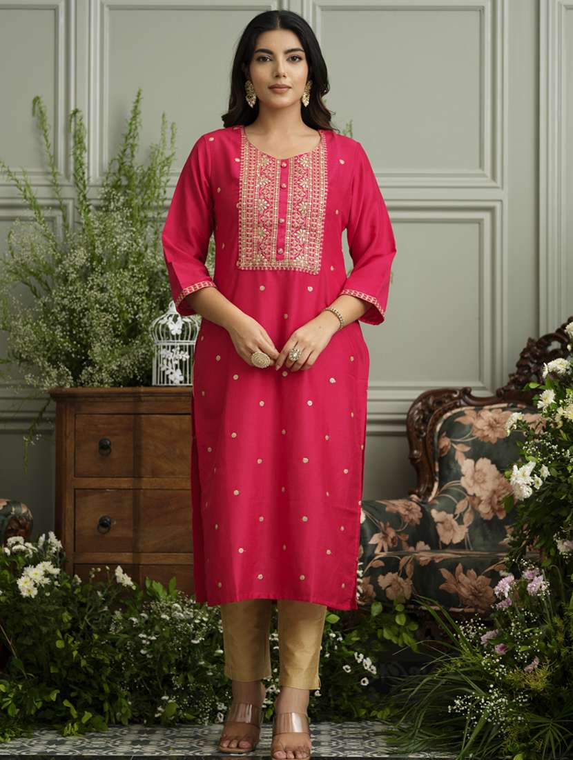 women solid with work three quarter sleeve straight kurta