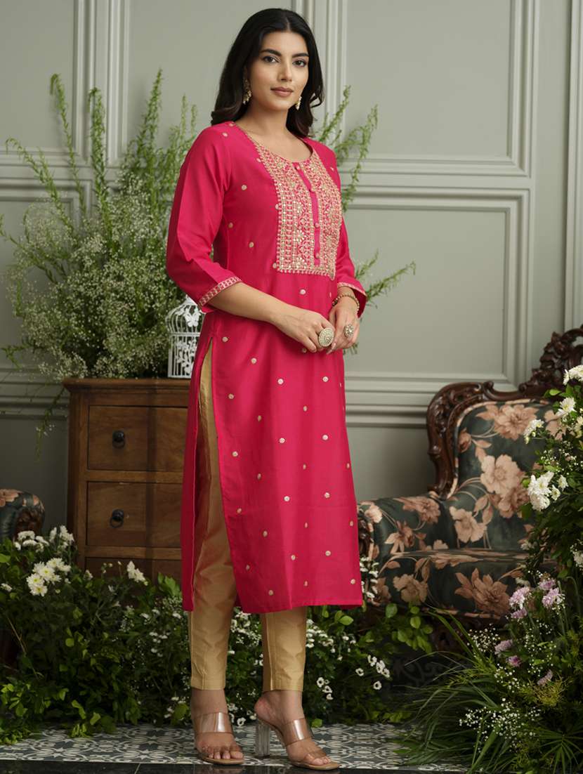 women solid with work three quarter sleeve straight kurta - 22141613 - Standard Image - 1