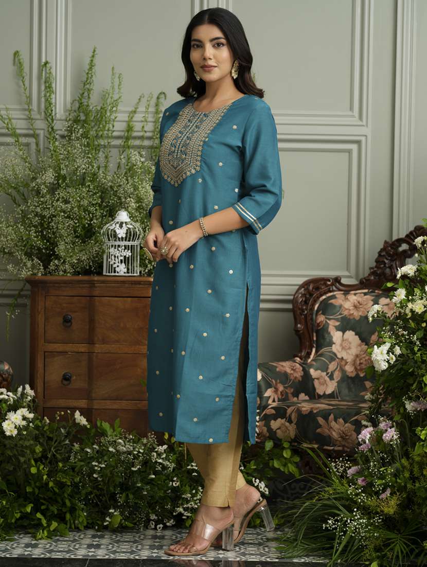 women solid with work three quarter sleeve straight kurta - 22141614 - Standard Image - 1