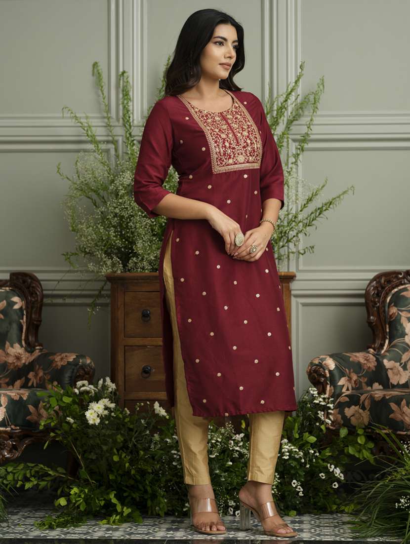 women solid with work three quarter sleeve straight kurta - 22141615 -  Standard Image - 1