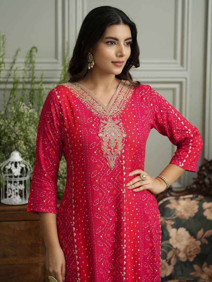 women bandhani three quarter sleeve straight kurta - 22141617 - Standard Image - 4