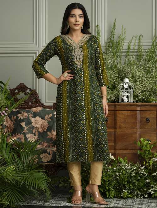 women bandhani three quarter sleeve straight kurta - 22141618 -  Standard Image - 0