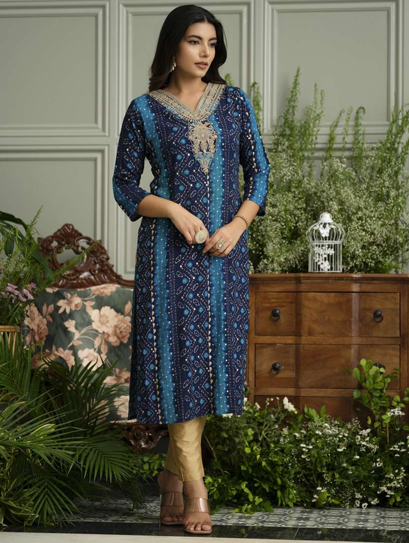 women bandhani three quarter sleeve straight kurta - 22141619 - Standard Image - 1