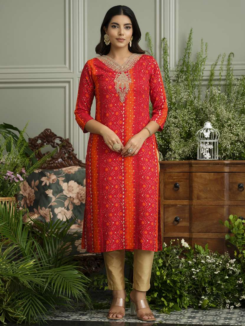 women bandhani three quarter sleeve straight kurta