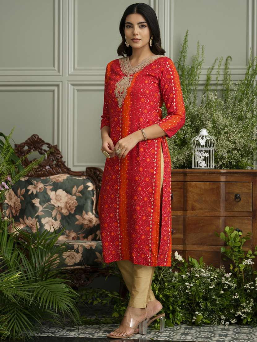 women bandhani three quarter sleeve straight kurta - 22141620 -  Standard Image - 1