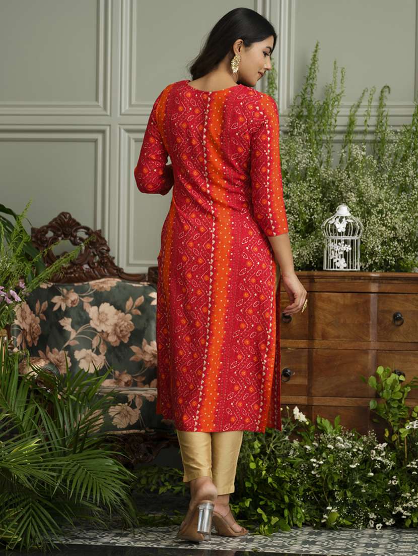 women bandhani three quarter sleeve straight kurta - 22141620 -  Standard Image - 4