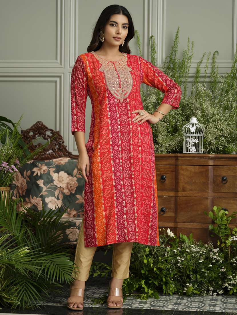 women bandhani three quarter sleeve straight kurta - 22141621 -  Standard Image - 1