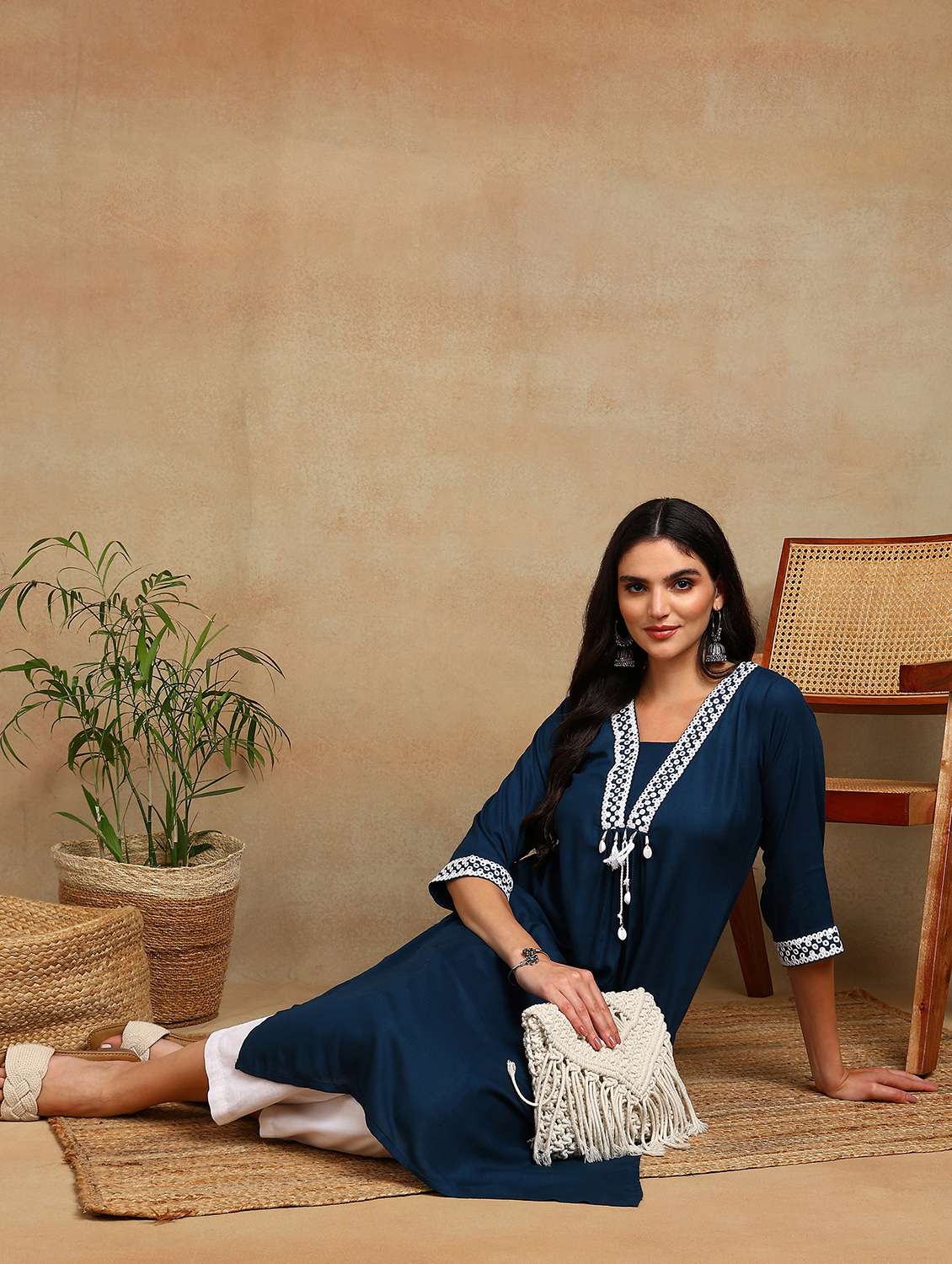 women solid with work three quarter sleeve a-line kurta - 22141622 - Standard Image - 1