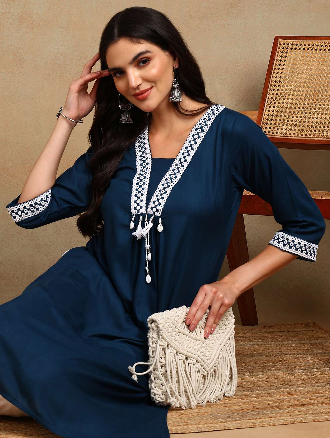 women solid with work three quarter sleeve a-line kurta - 22141622 - Standard Image - 4