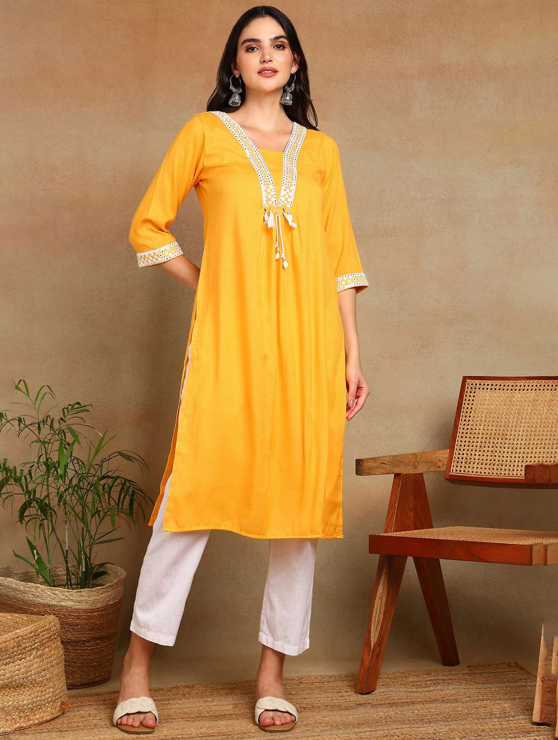 women solid with work three quarter sleeve a-line kurta - 22141623 -  Standard Image - 1