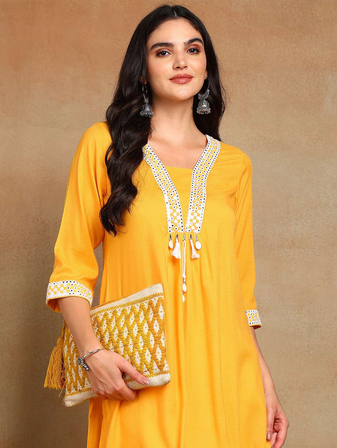 women solid with work three quarter sleeve a-line kurta - 22141623 -  Standard Image - 4