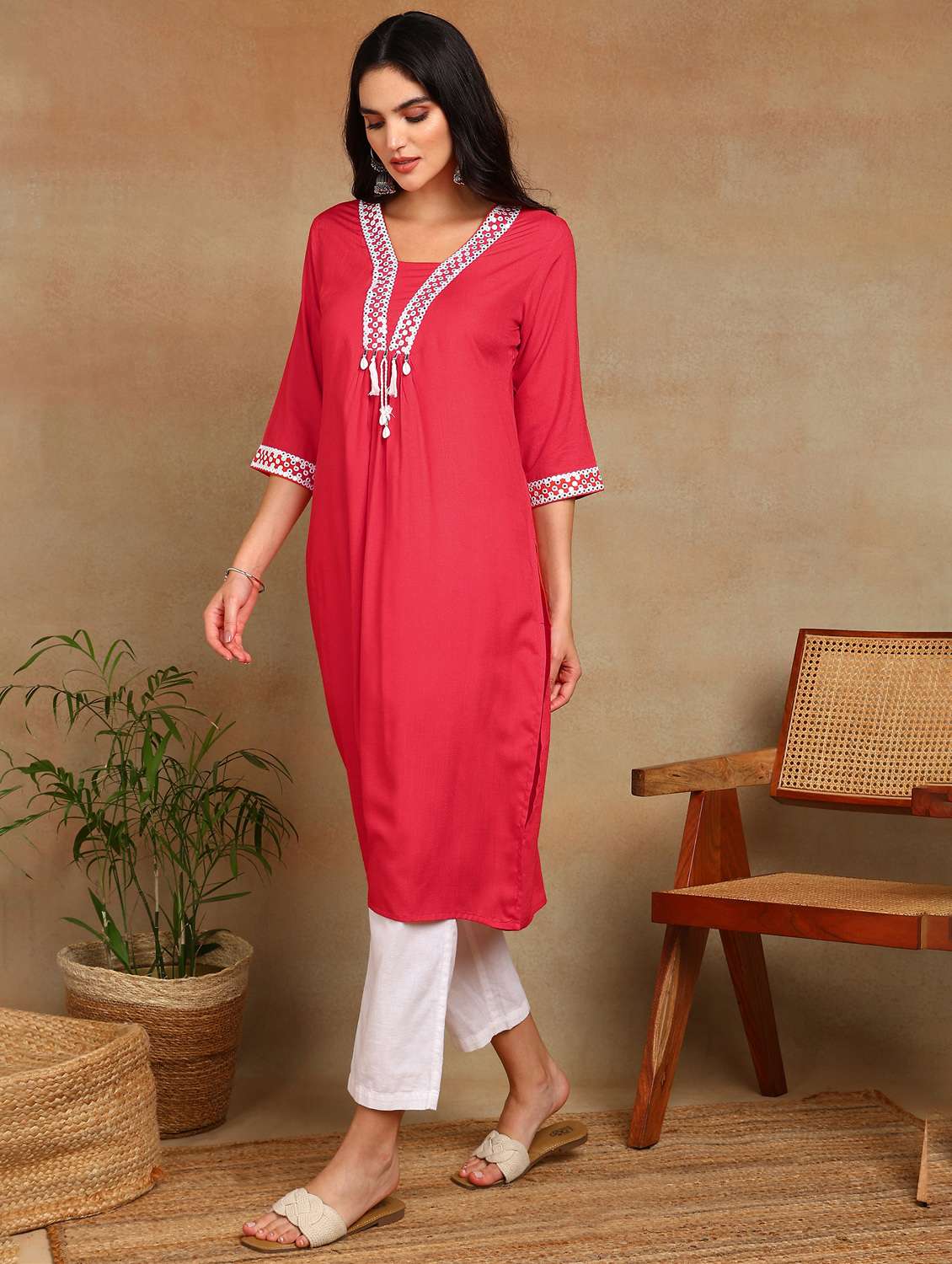 women solid with work three quarter sleeve a-line kurta - 22141624 - Standard Image - 1