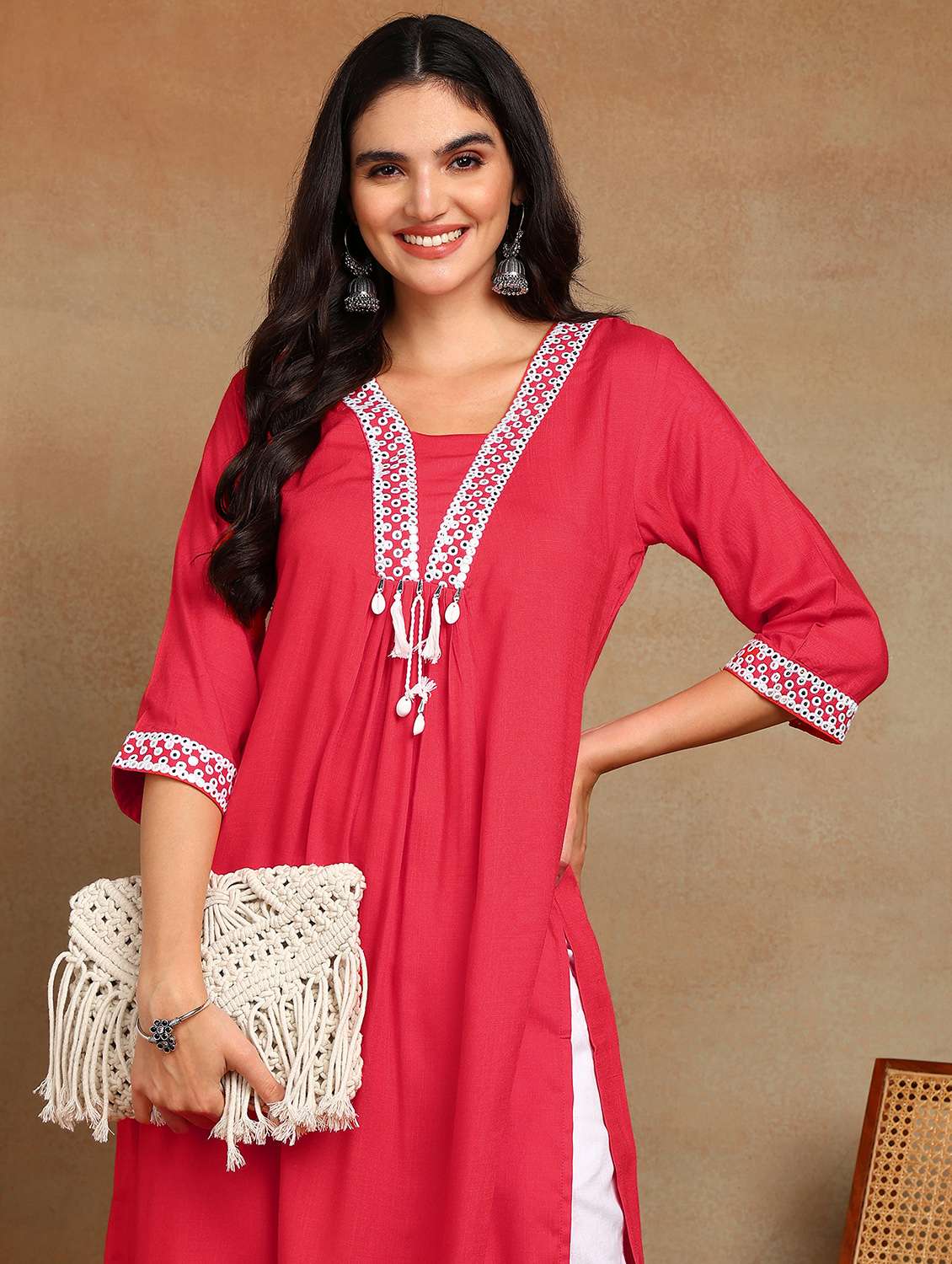 women solid with work three quarter sleeve a-line kurta - 22141624 - Standard Image - 4