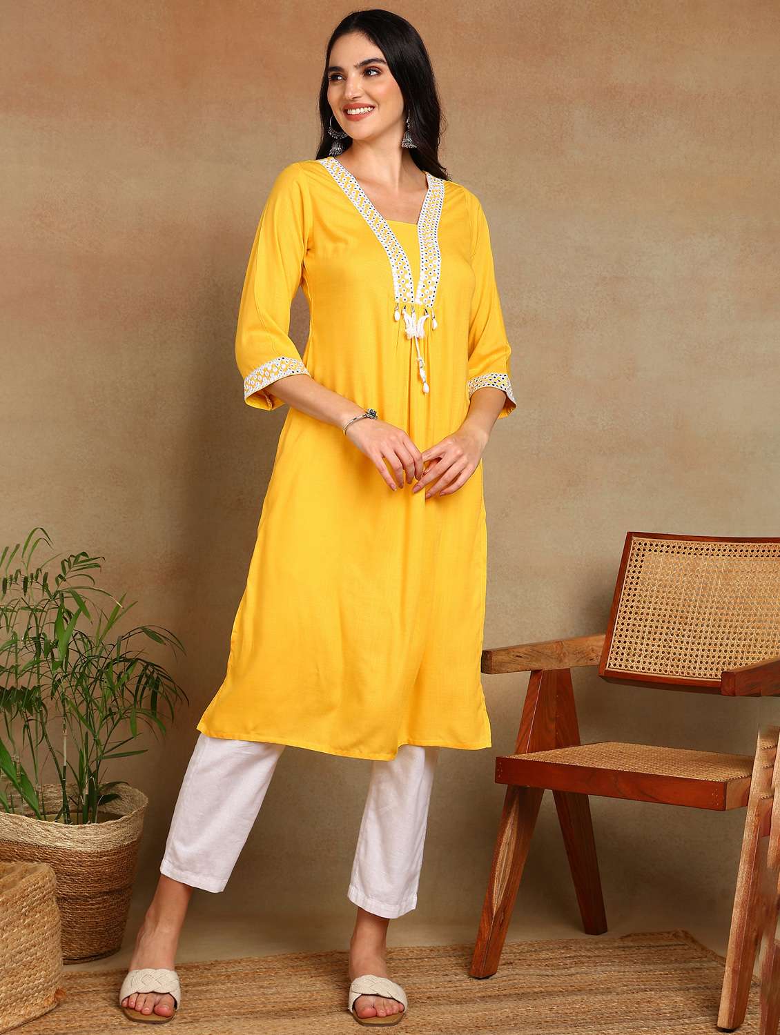 women solid with work three quarter sleeve a-line kurta - 22141625 -  Standard Image - 1