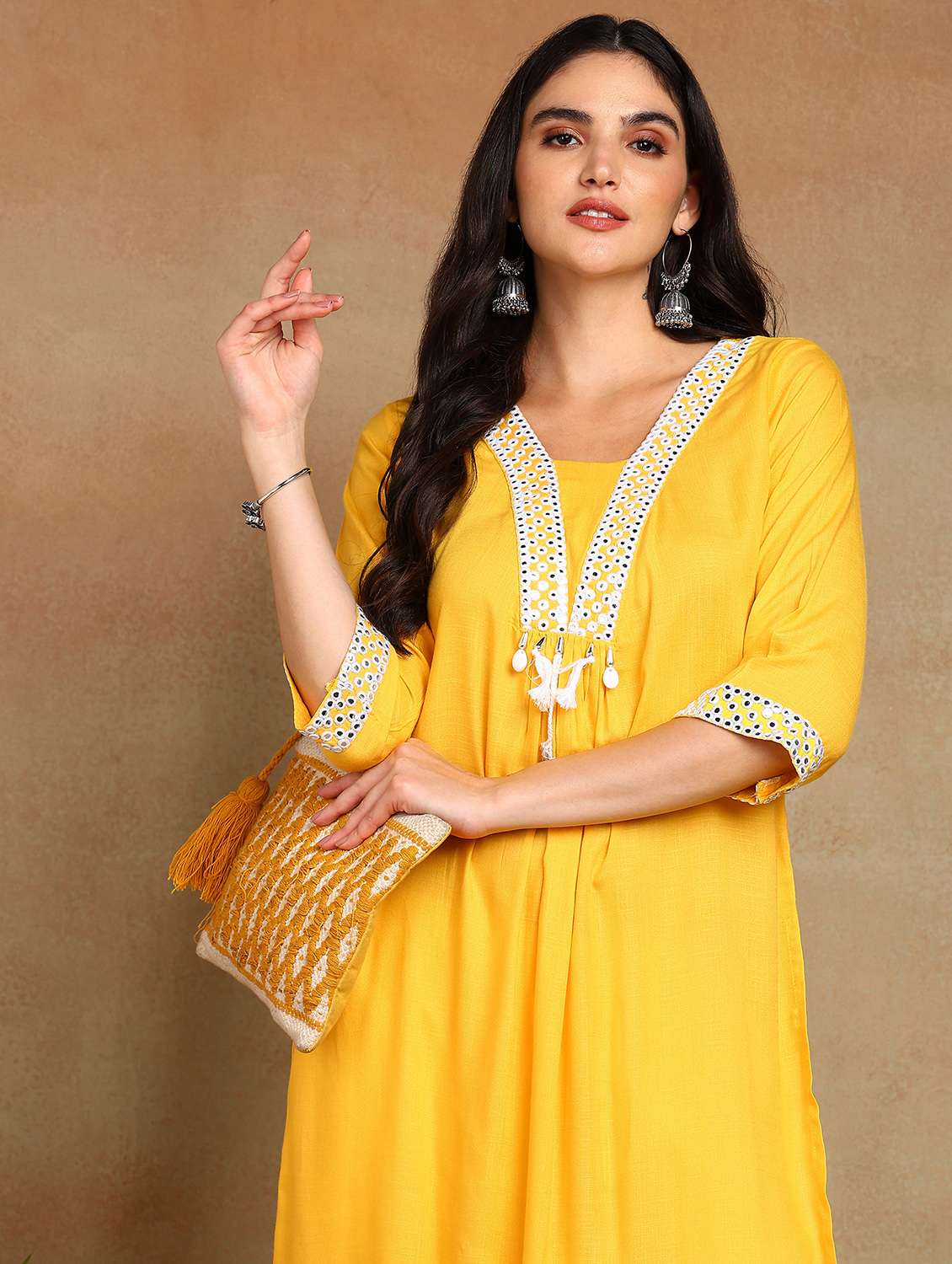 women solid with work three quarter sleeve a-line kurta - 22141625 -  Standard Image - 4