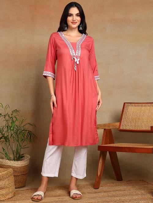 women solid with work three quarter sleeve a-line kurta - 22141627 -  Standard Image - 0