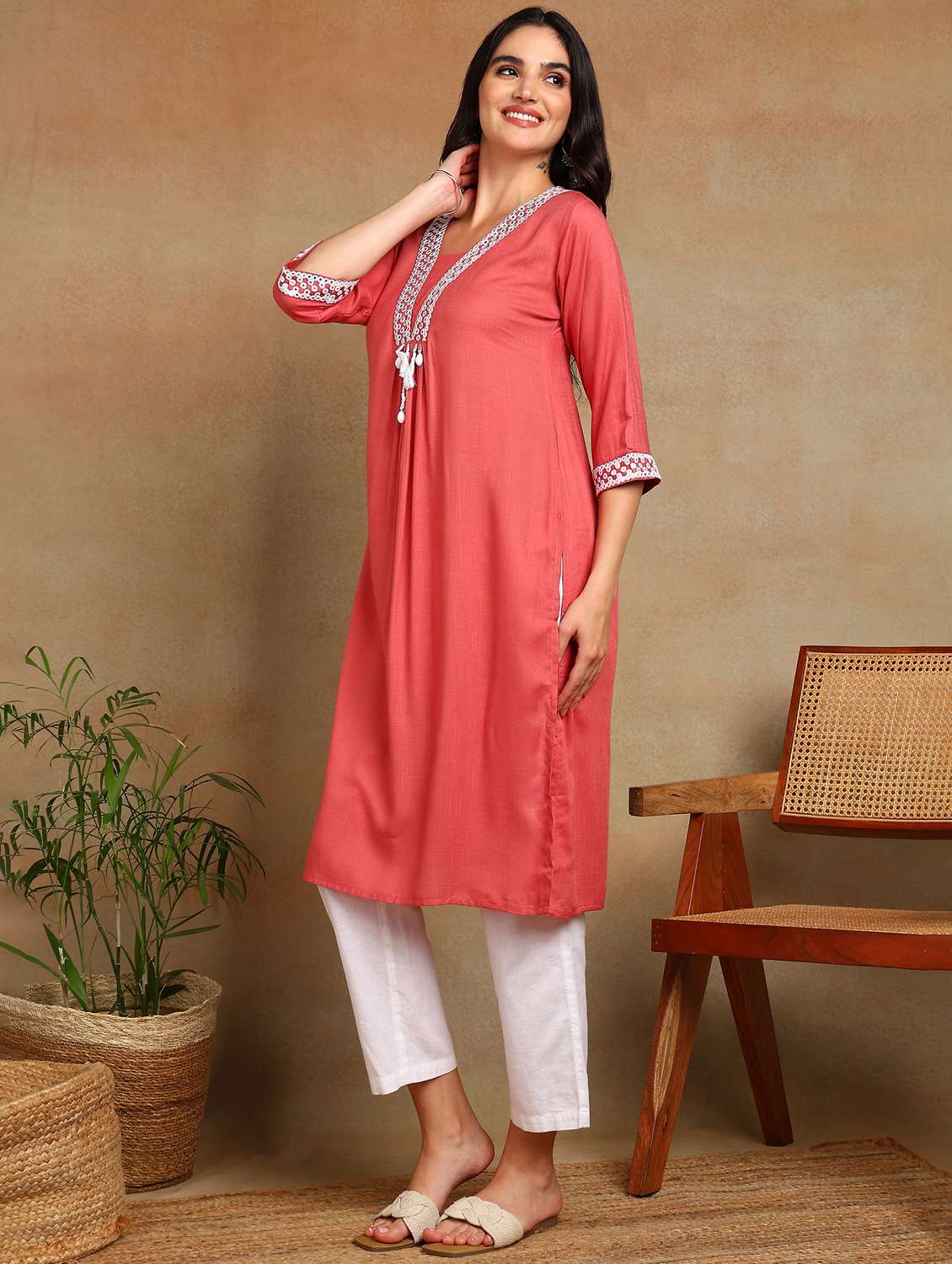 women solid with work three quarter sleeve a-line kurta - 22141627 -  Standard Image - 1