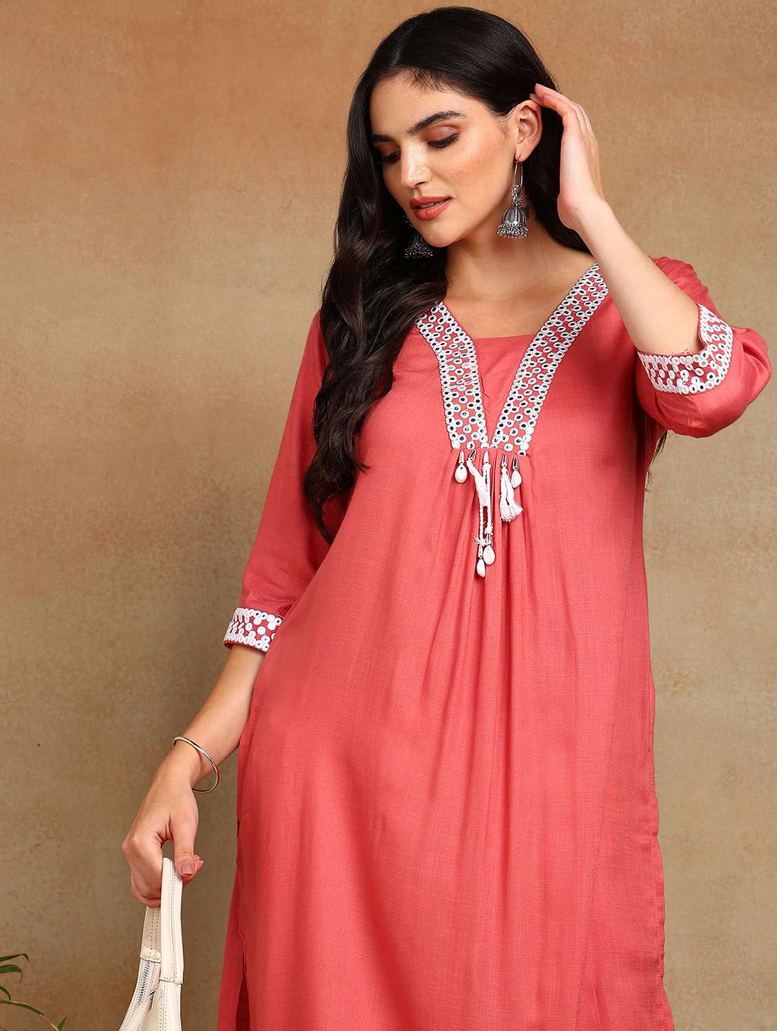 women solid with work three quarter sleeve a-line kurta - 22141627 -  Standard Image - 4