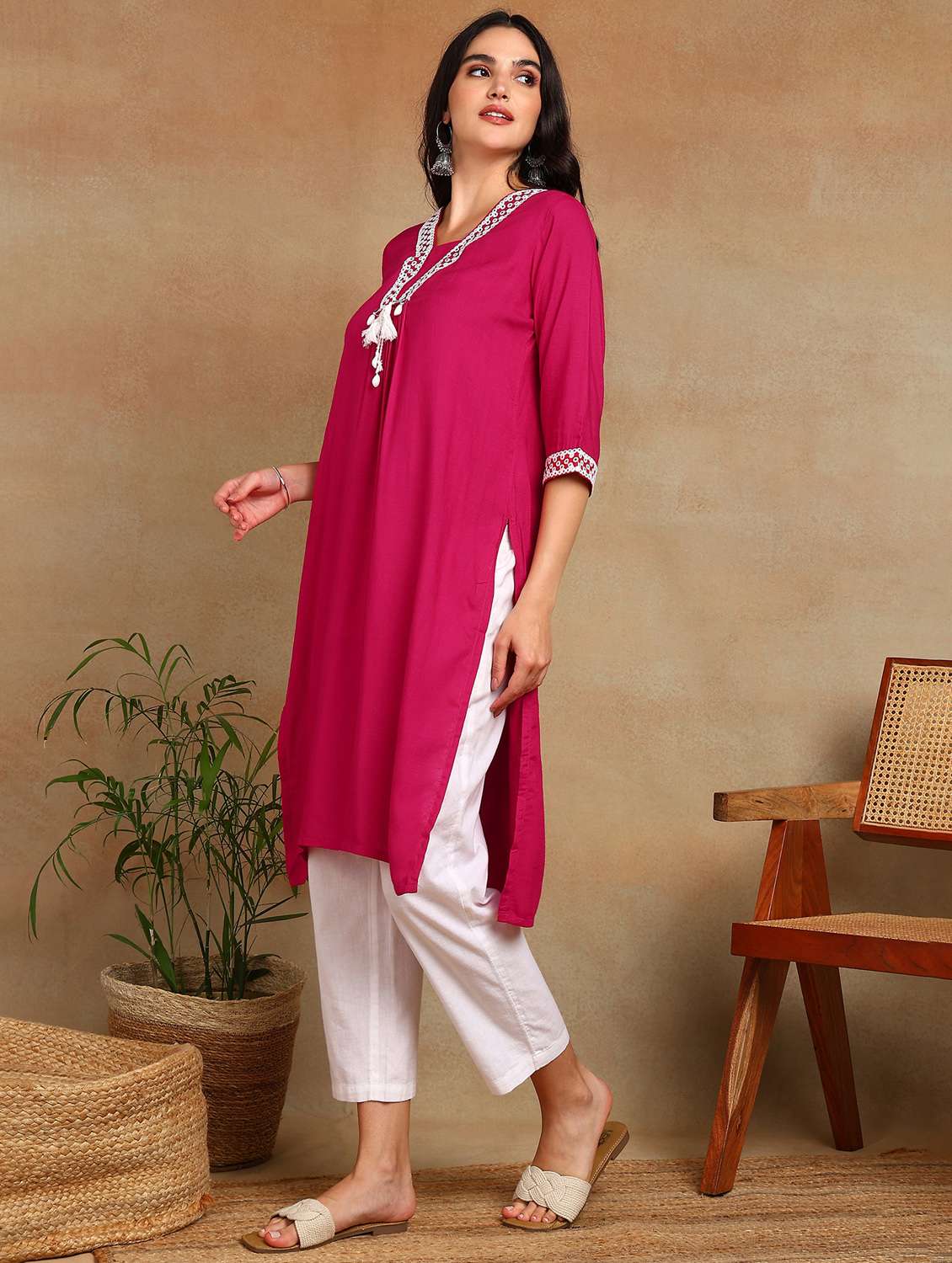 women solid with work three quarter sleeve a-line kurta - 22141629 -  Standard Image - 1