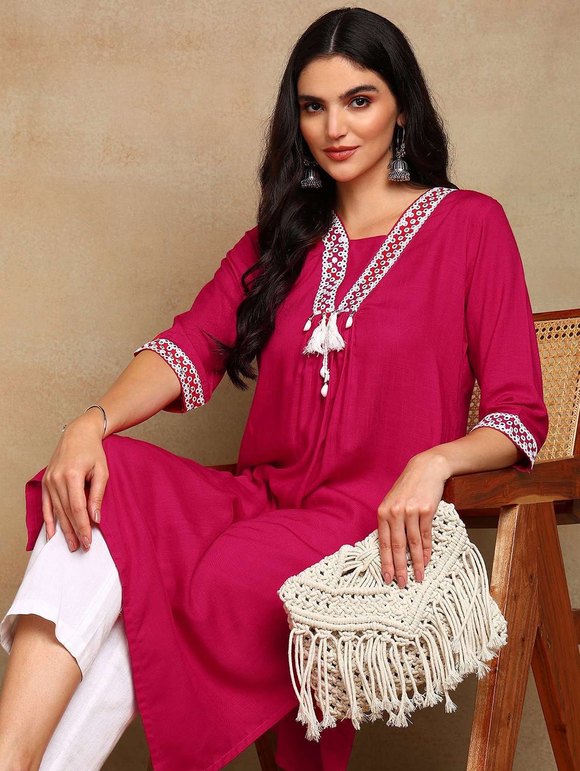 women solid with work three quarter sleeve a-line kurta - 22141629 -  Standard Image - 4