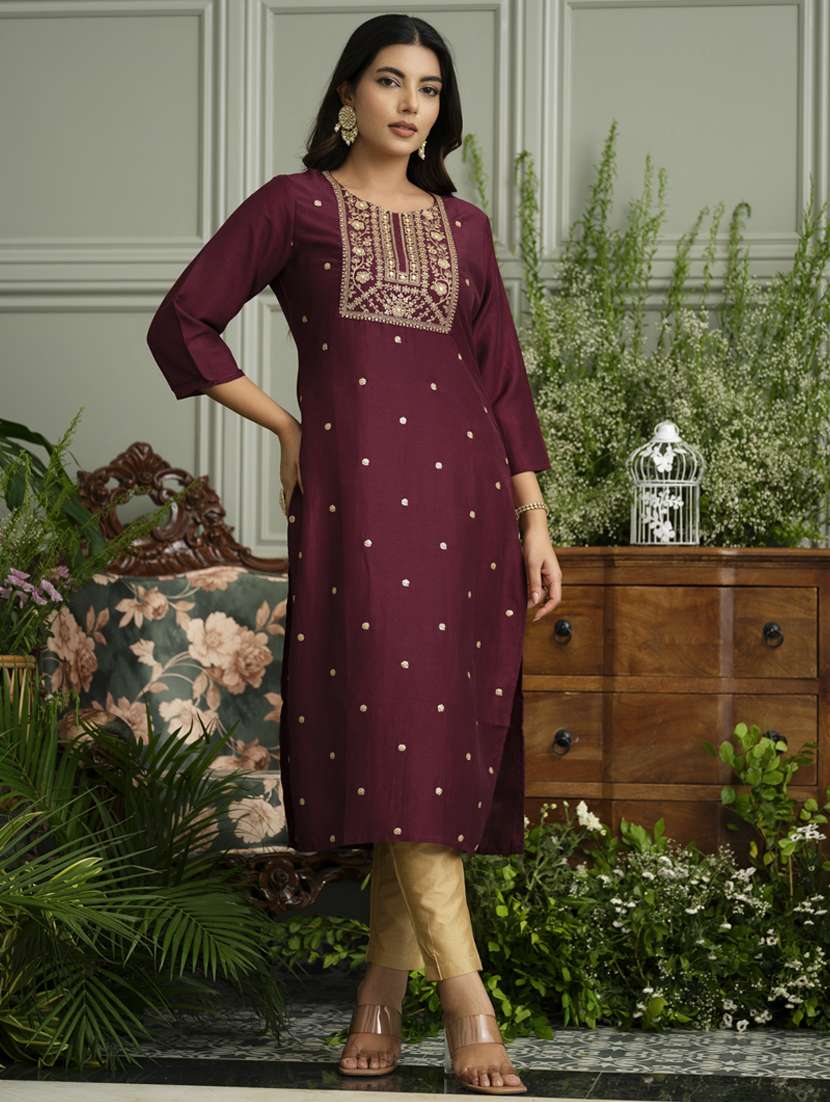 women solid with work three quarter sleeve straight kurta - 22141630 - Standard Image - 1