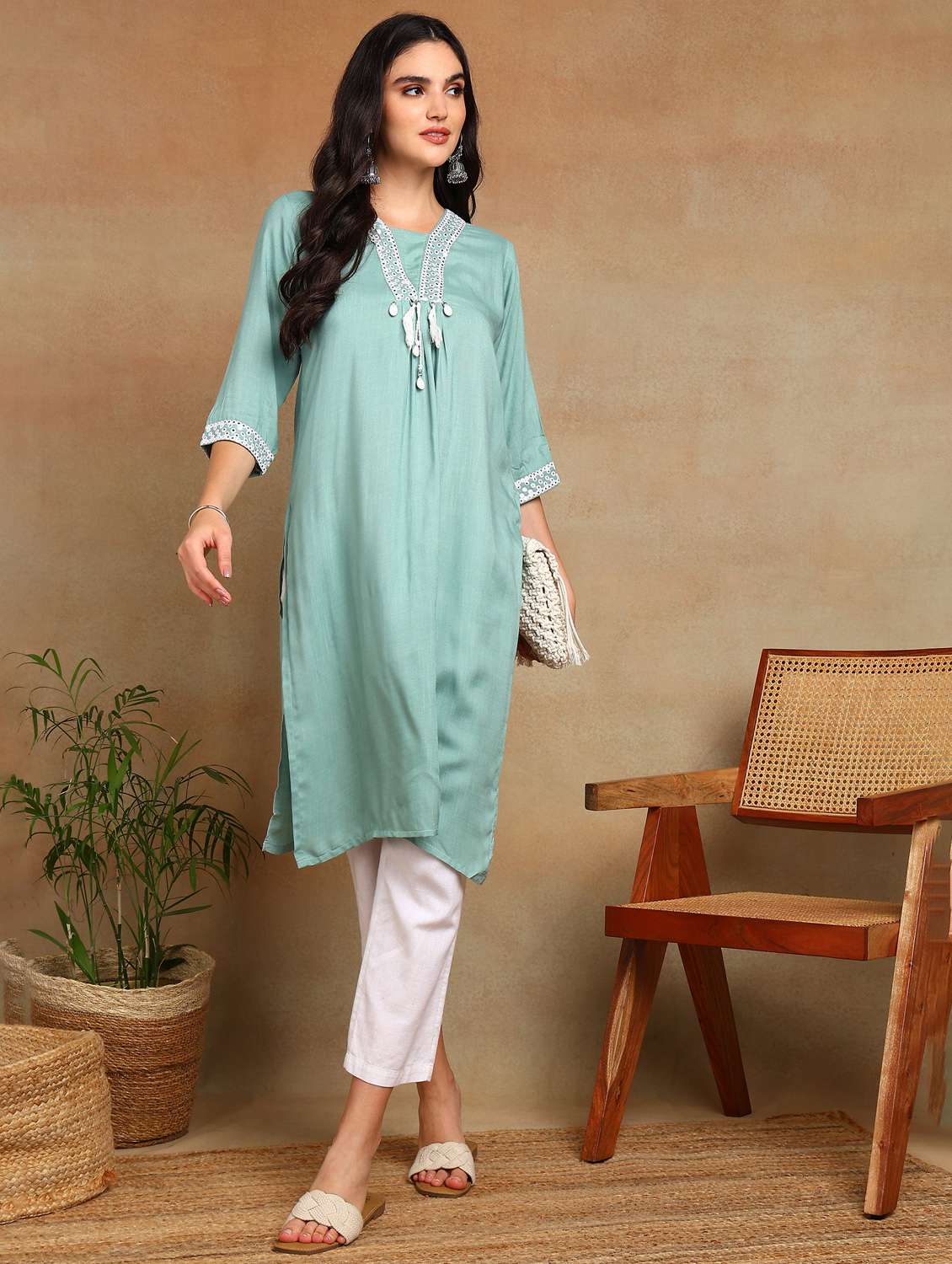 women solid with work three quarter sleeve a-line kurta - 22141631 -  Standard Image - 1