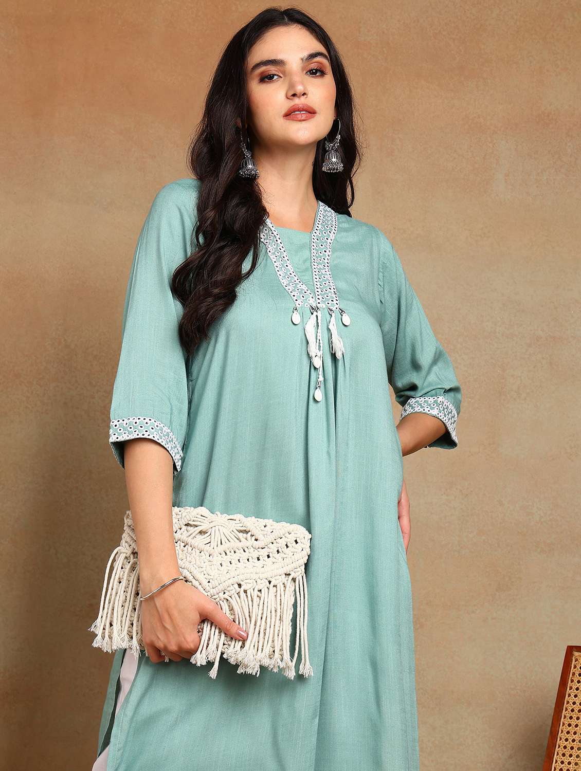 women solid with work three quarter sleeve a-line kurta - 22141631 -  Standard Image - 4