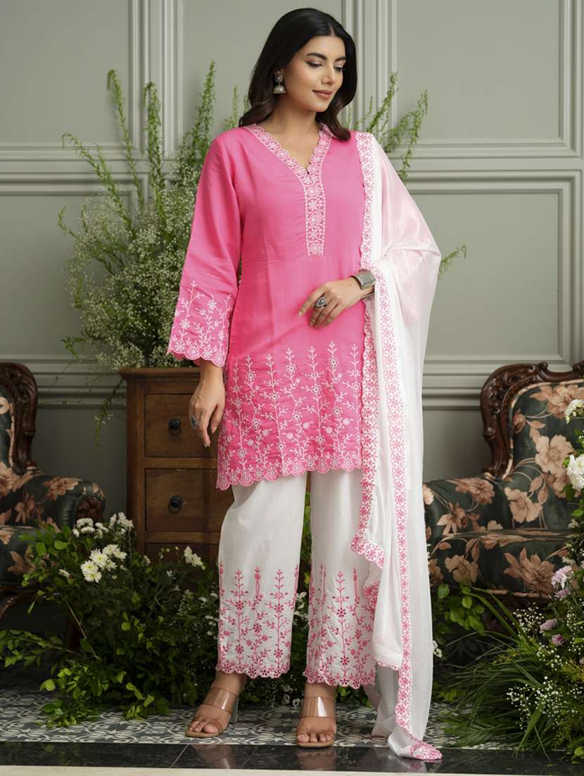 women embroidered three quarter sleeve kurta pant with dupatta set - 22141656 - Standard Image - 1