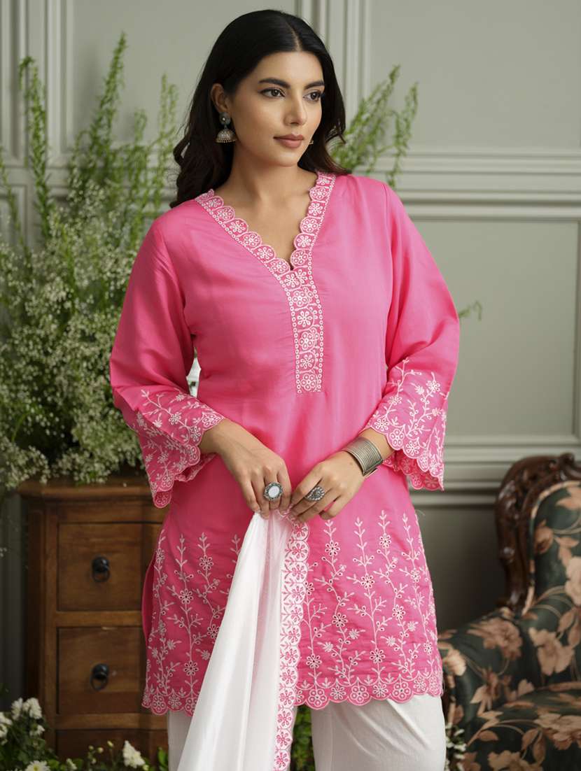 women embroidered three quarter sleeve kurta pant with dupatta set - 22141656 - Standard Image - 4