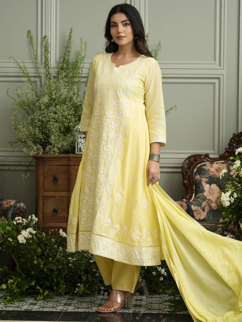 women solid with work three quarter sleeve kurta pant with dupatta set - 22141657 -  Standard Image - 1