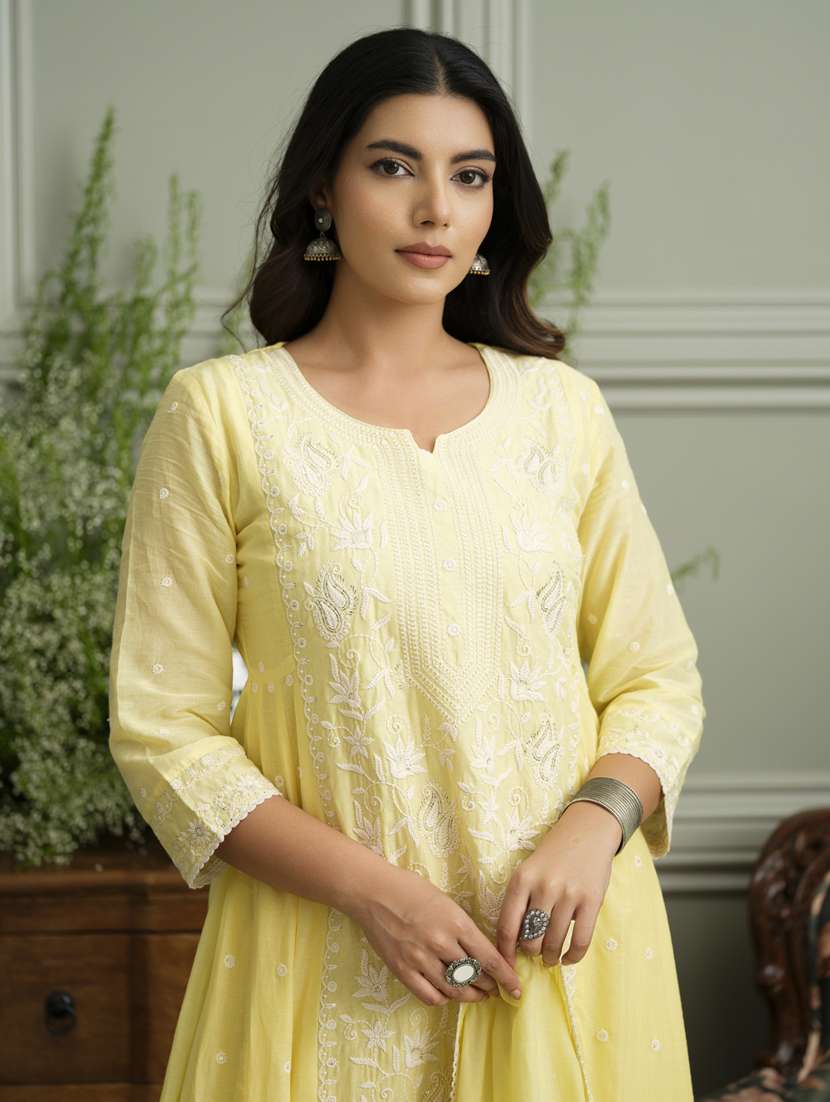 women solid with work three quarter sleeve kurta pant with dupatta set - 22141657 -  Standard Image - 4