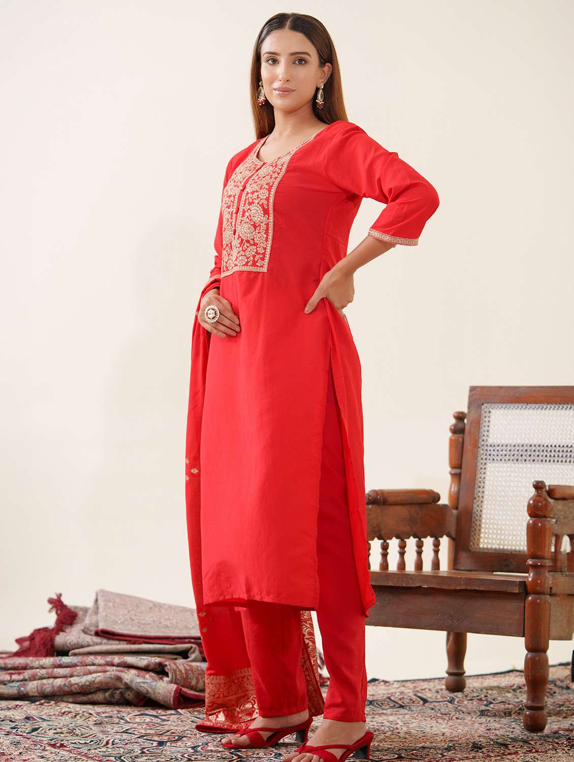 women embroidered three quarter sleeve kurta pant with dupatta set - 22141658 -  Standard Image - 1
