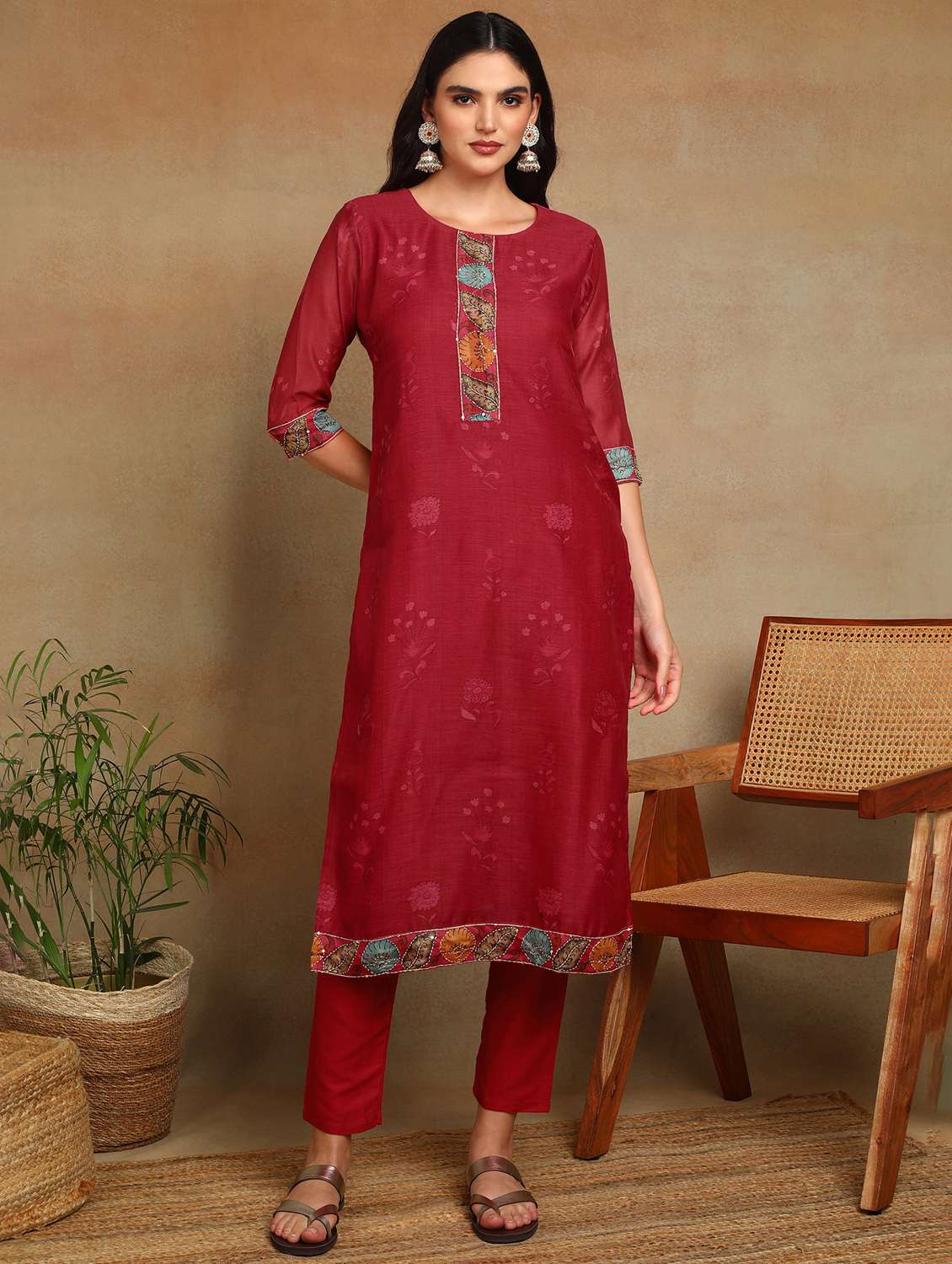 women floral three quarter sleeve kurta pant with dupatta set - 22141662 -  Standard Image - 1
