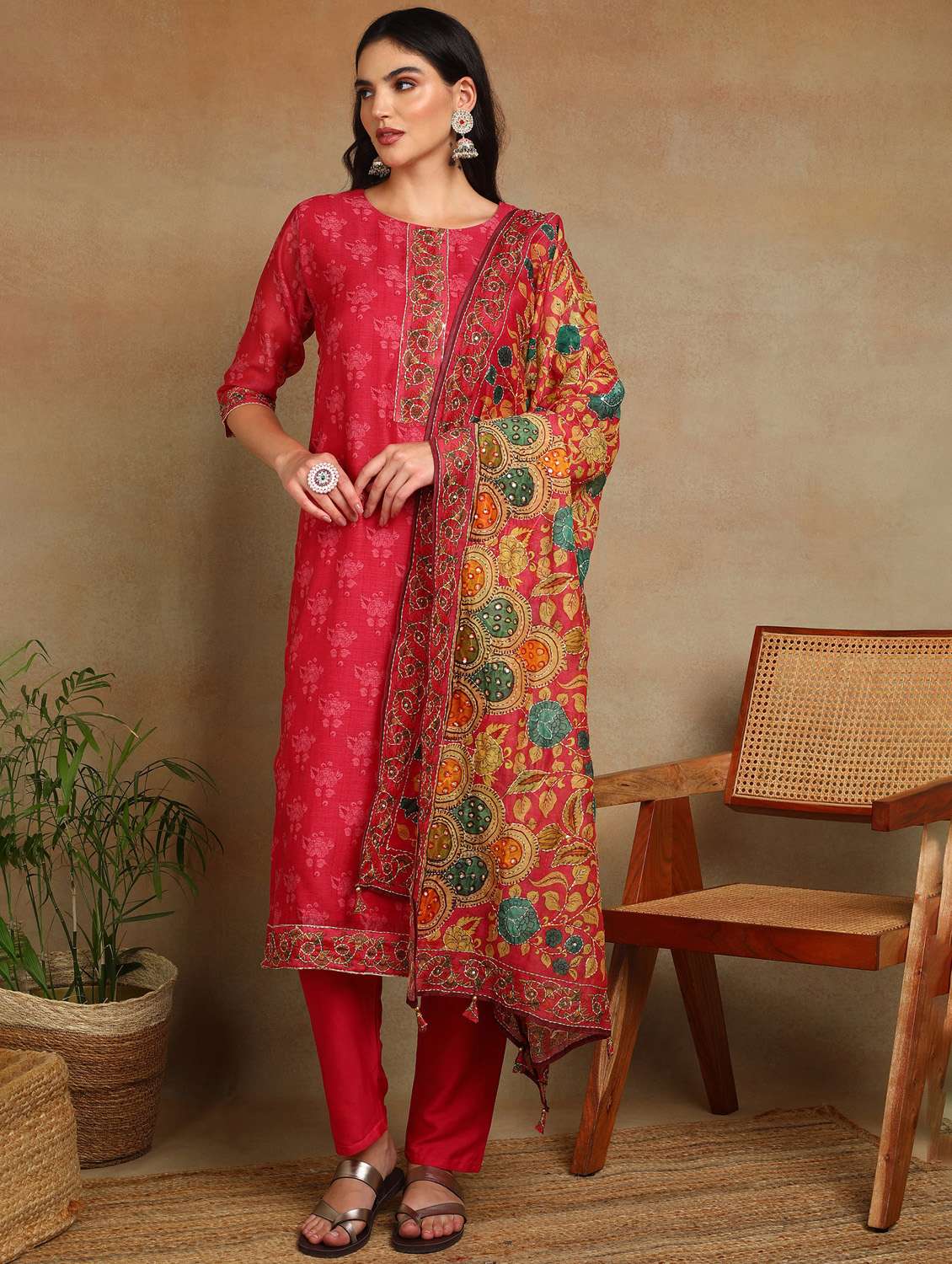 women floral three quarter sleeve kurta pant with dupatta set - 22141671 - Standard Image - 1