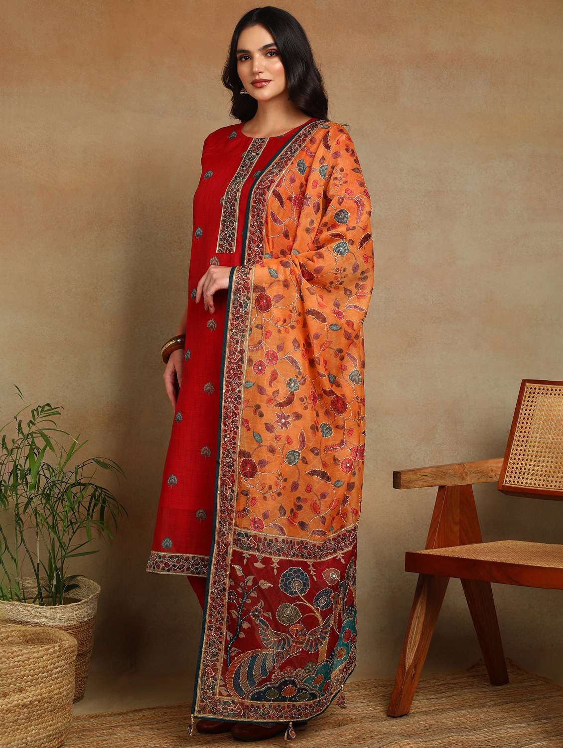 women printed three quarter sleeve kurta pant with dupatta set - 22141673 - Standard Image - 1