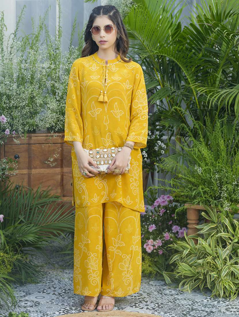 women bandhani three quarter sleeve ethnic co-ord set